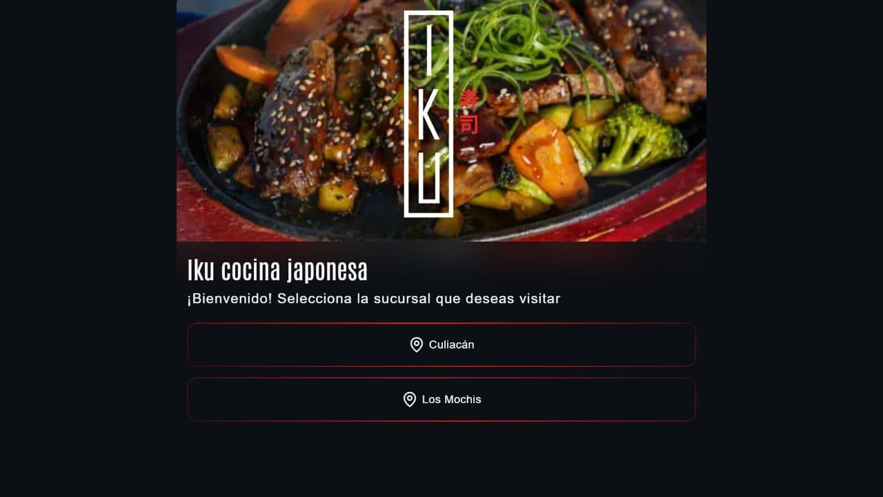 Página de inicio de IKU Cocina Japonesa con selección de sucursal